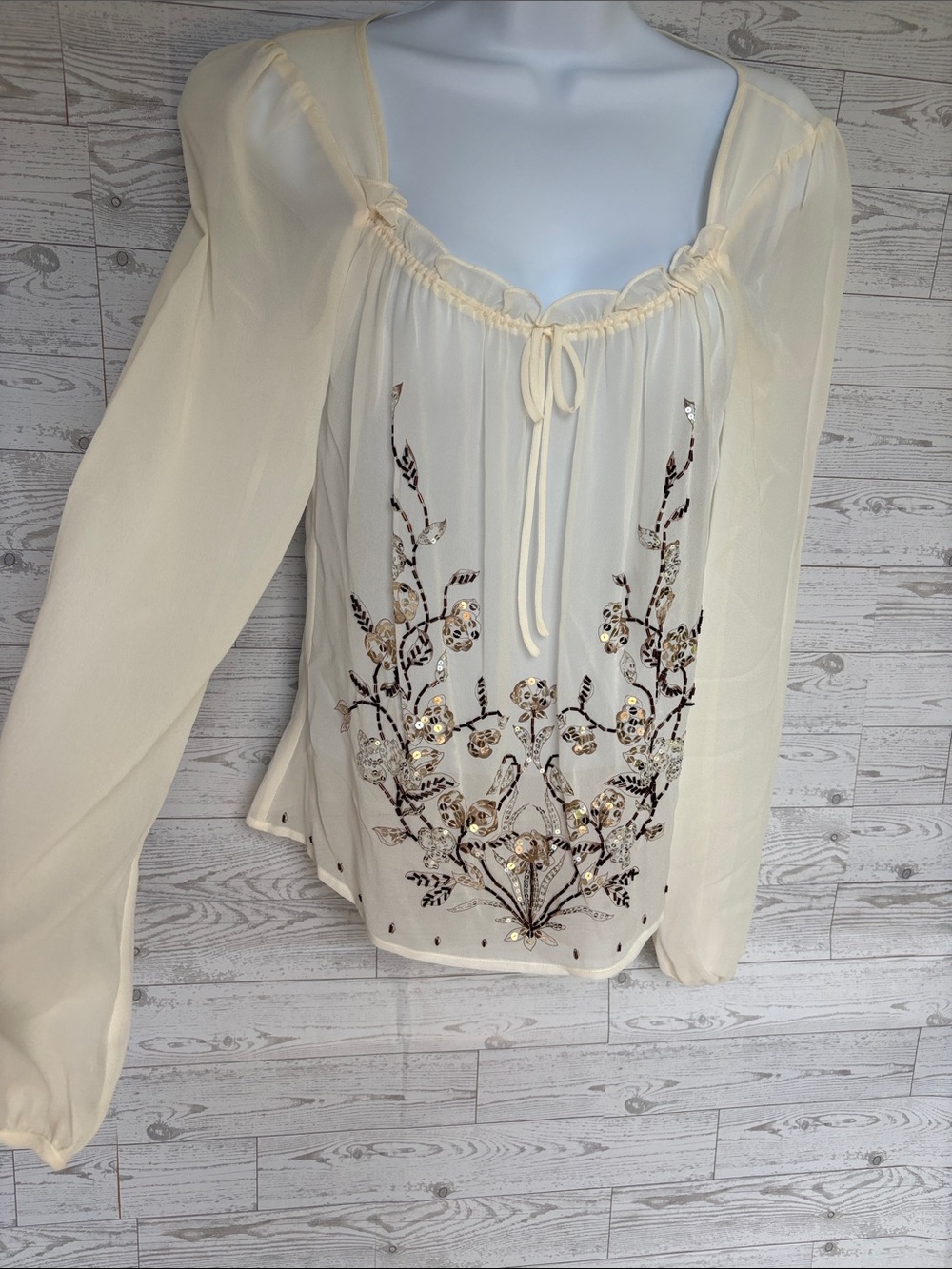 vintage silk shirt cream sheer beaded fairy Flowy Limited small square neck y2k